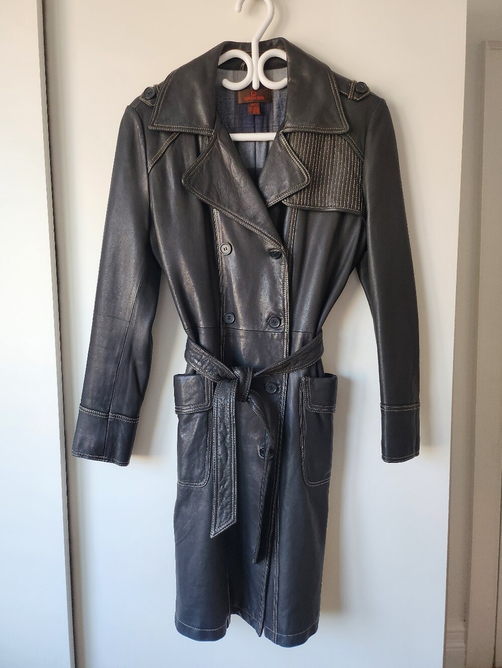Danier Black Leather Trench Coat With Saddle Stitch with Belt